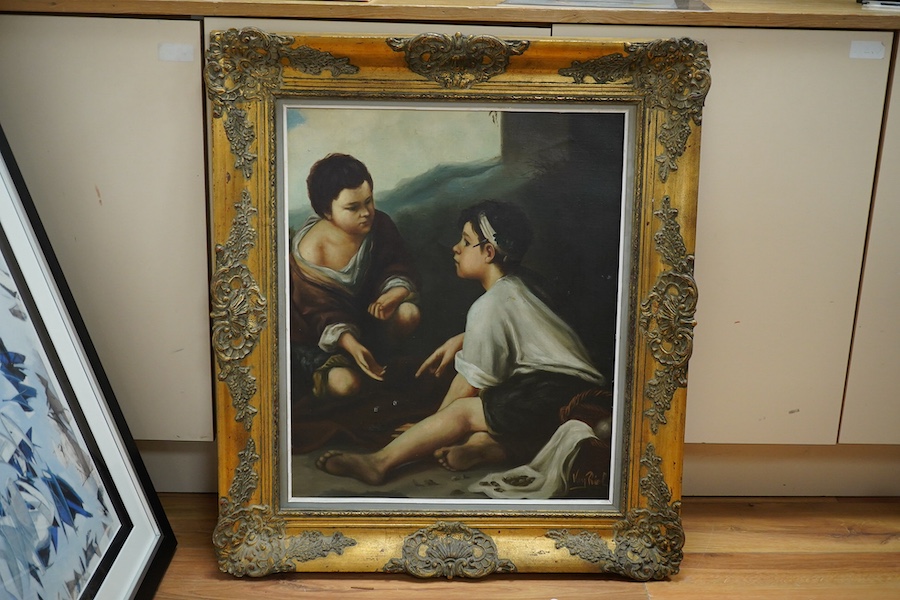 Van Riel, decorative oil on canvas, Two children playing with dice, signed, 59 x 49cm, ornately gilt framed. Condition - good